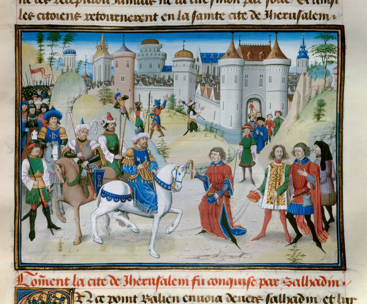 Derde Kruistocht: de inname van Jeruzalem door Sultan Saladin in 1187. Miniatuur uit Chronicle abregee door David Aubert door Unknown artist