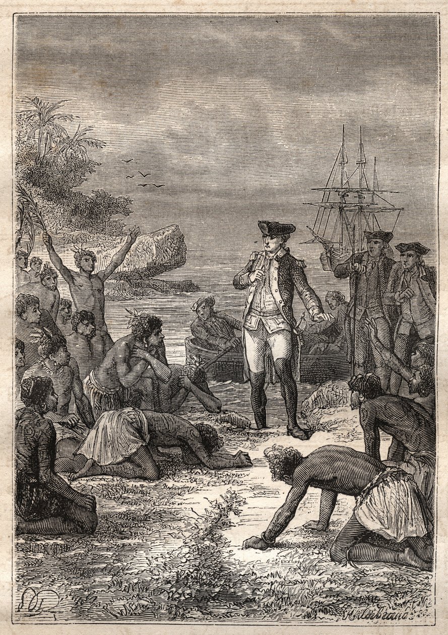 Derde reis (1776-1779) van Kapitein James Cook (1728-1779): Cook wordt verwelkomd door de inboorlingen (Hawaii) - illustratie uit 