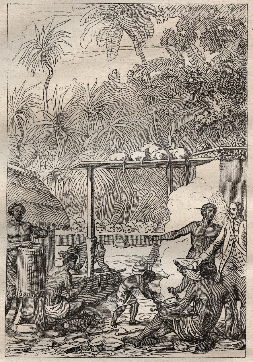 Derde reis (1776-1779) door Kapitein James Cook (1728-1779): mensenoffer in Tahiti - illustratie uit 