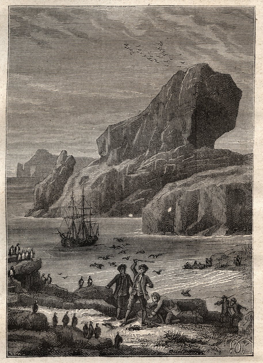 Derde reis (1776-1779) van Kapitein James Cook (1728-1779): de eilanden van Kerguelen (Kerguelen-archipel, Antarctica) - illustratie uit 