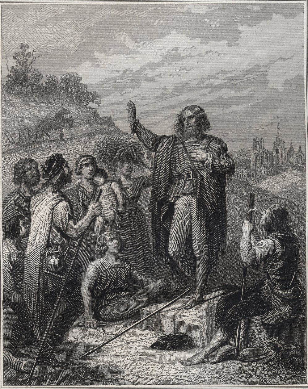 Thomas Müntzer predikt - Thomas Müntzer (1489-1525) leert zijn doctrine - Gravure in 
