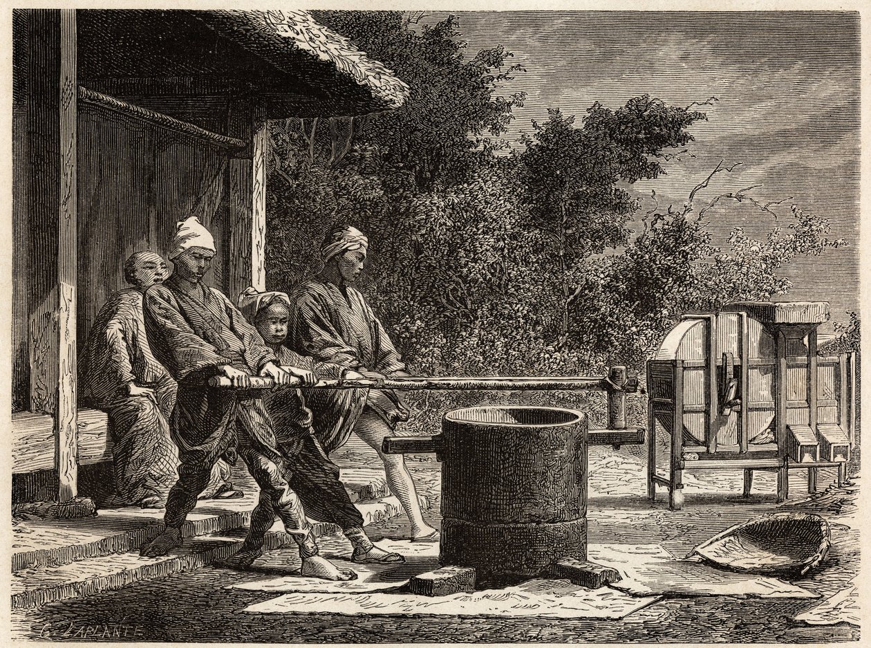 Drie boeren bedienen de rijstmolen door Unknown artist