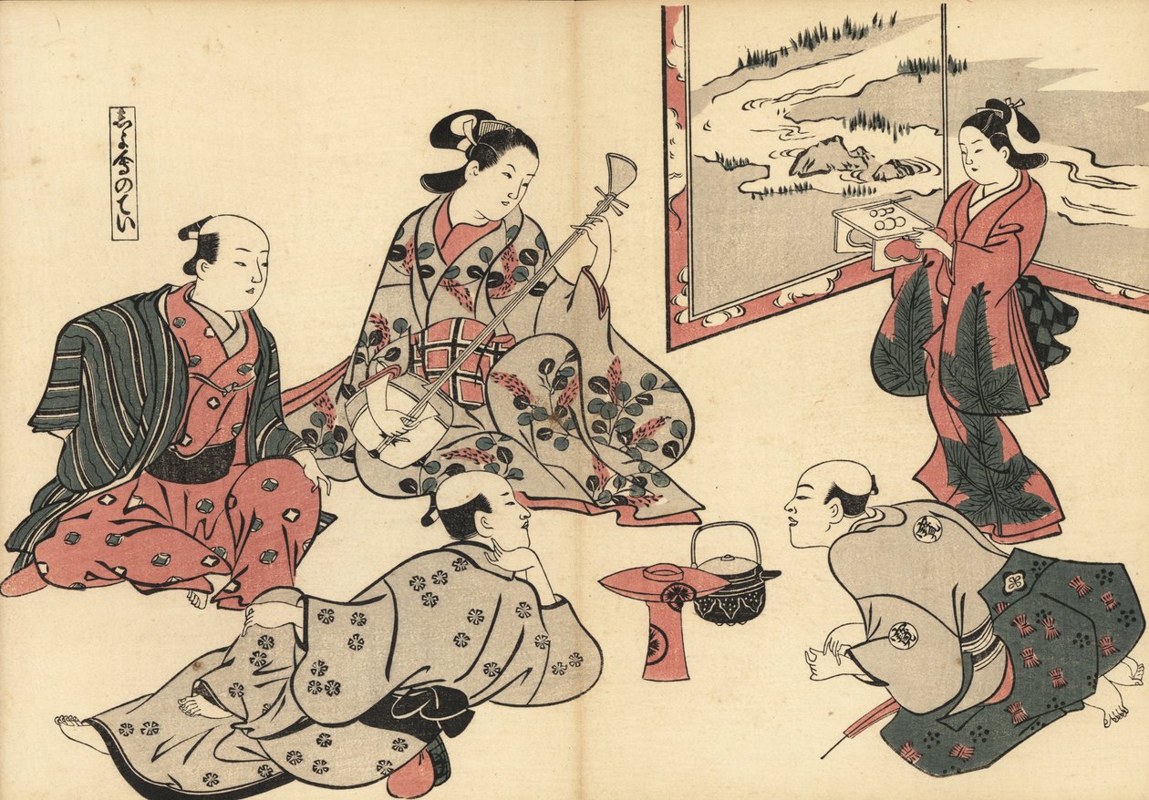 Drie samoerai luisteren naar een courtisane die de shamisen speelt, terwijl een kamuro eten op een dienblad brengt. Houtsnede door Masanobu Okumura (1686-1764) uit Fuzoku Emakimono, Beeldrol van de Waterhandel, Tokio, herdruk circa 1880 door Unknown artist
