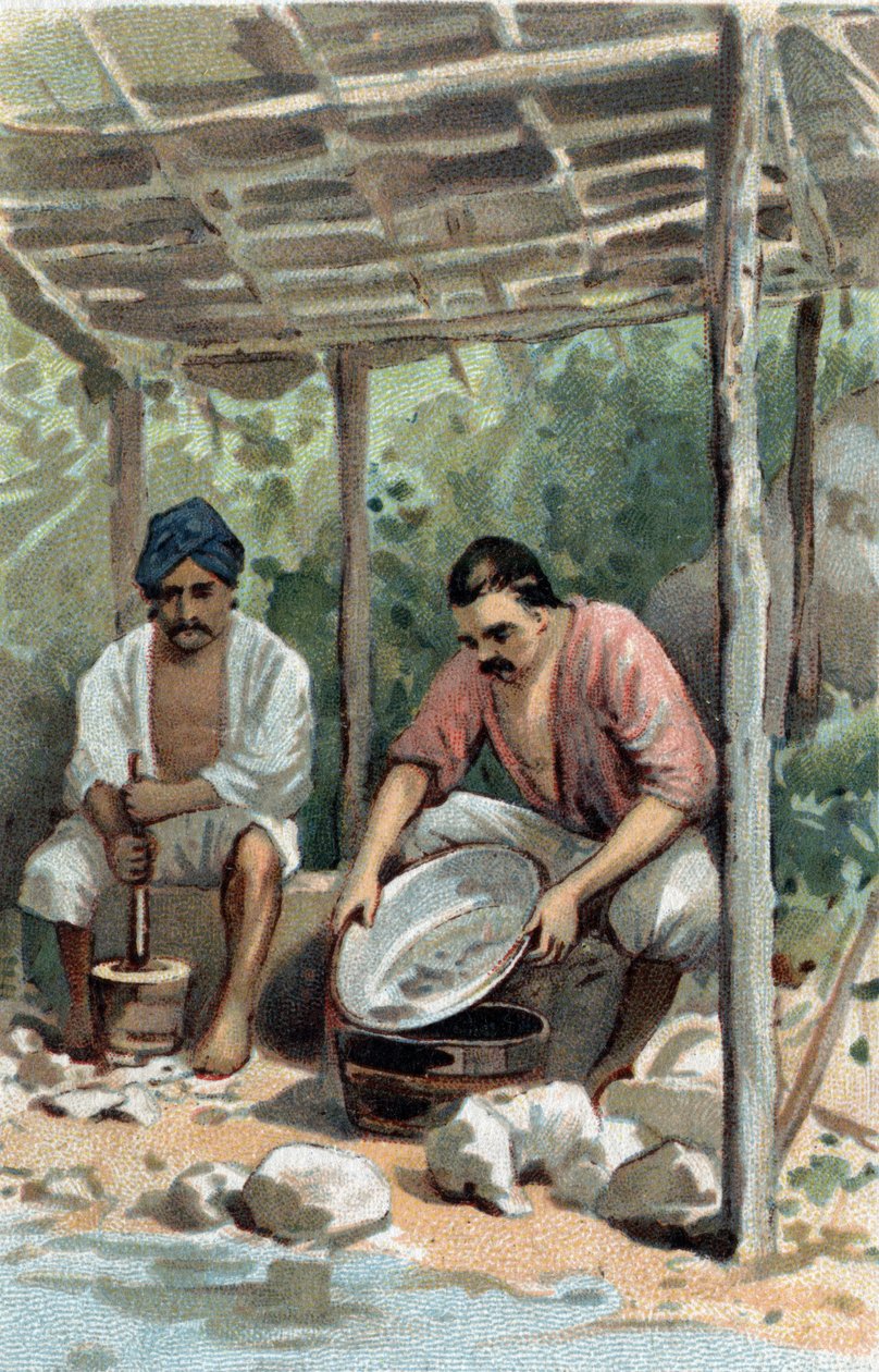 Blikschrobbers in Malakka, Maleisië. Chromolithografie uit de late 19e eeuw. door Unknown artist