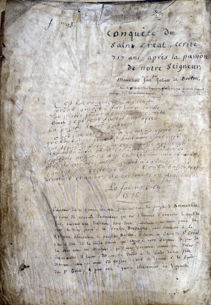 Titelpagina van een manuscript: Verovering van de Heilige Graal, geschreven 717 jaar na de passie van onze heer. Bibliotheque municipale de Rennes, ms. 255 (Collectie van romans van de Ronde Tafel) door Unknown artist