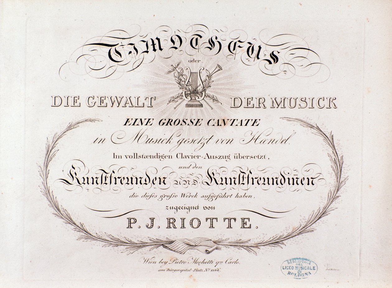 Titelpagina van bladmuziek van Timotheus door G F Handel (1812) door Unknown artist
