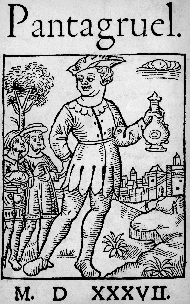 Titelpagina van de editie van 1537 van Pantagruel, door Francois Rabelais - De reus Pantagruel en twee van zijn apostelen, uit 
