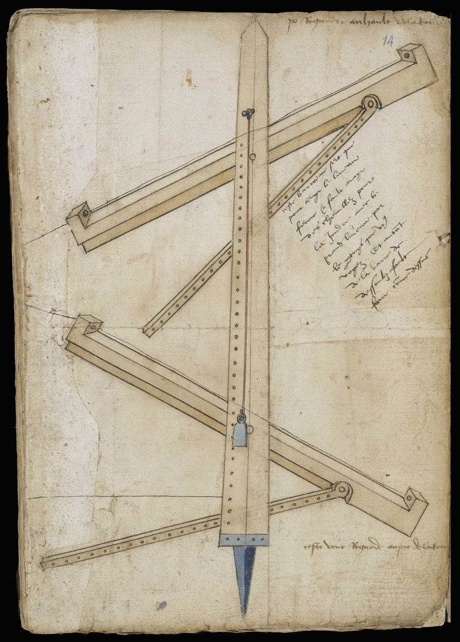 Torenmeetinstrument - Manuscript: perkamentblad van een ingenieurshandboek voor de bouw van civiele, religieuze en militaire gebouwen, anoniem, eind 15e eeuw (figuur in Chinese inkt) door Unknown artist
