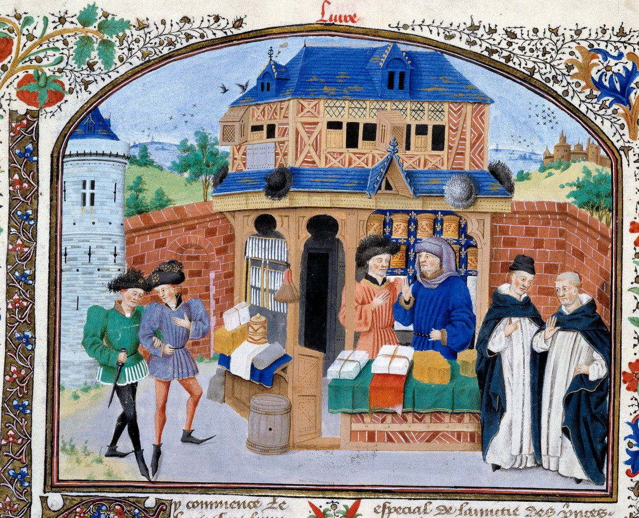 Handel: een koopmanswinkel. Miniatuur uit het manuscript 