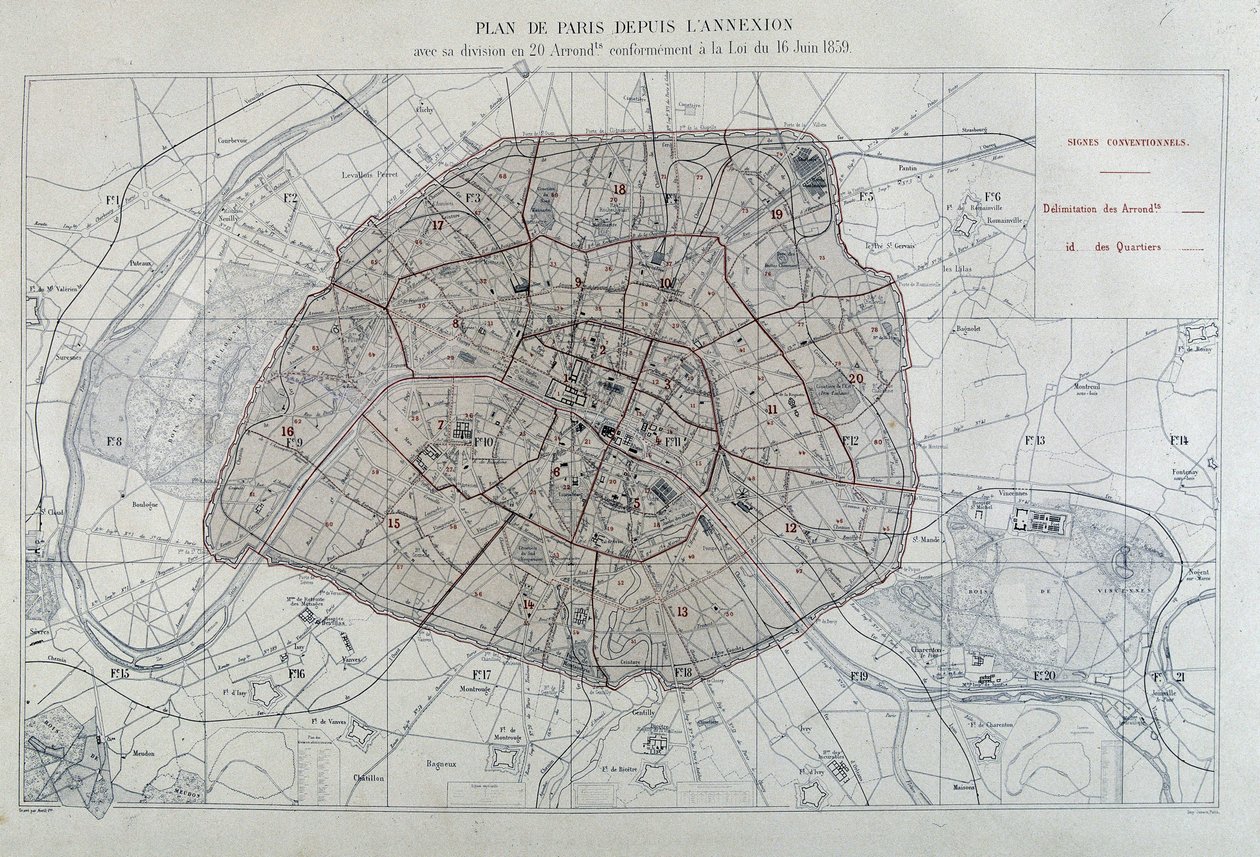 Transformaties van Parijs onder het Tweede Keizerrijk, Haussmann Parijs. Plan van Parijs sinds de annexatie met zijn indeling in 20 arrondissementen, in overeenstemming met de wet van 16 juni 1859 - in 