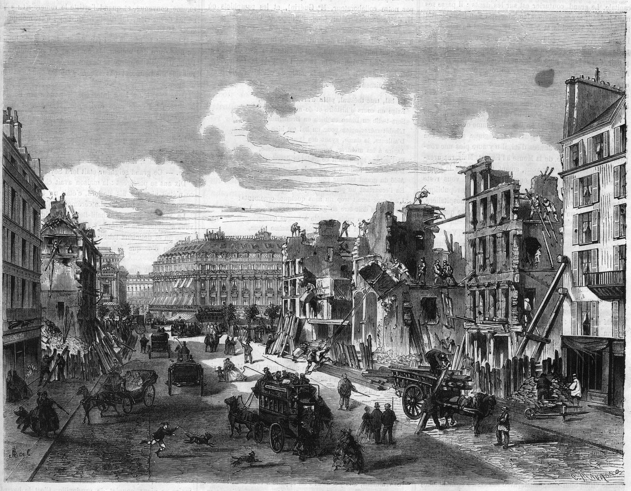 Transformaties van Parijs onder het Tweede Keizerrijk, Parijs Haussmann: sloop van de Rue de la Paix voor de opening van de Rue Reaumur. Gravure in 
