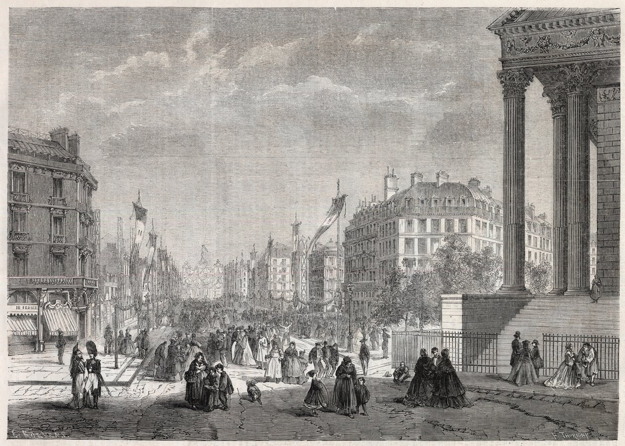 Transformaties van Parijs onder het Tweede Keizerrijk, Parijs Haussmann: decoratie van Boulevard Malesherbes, op de dag van de inhuldiging op 13 augustus 1861 - Gravure in 
