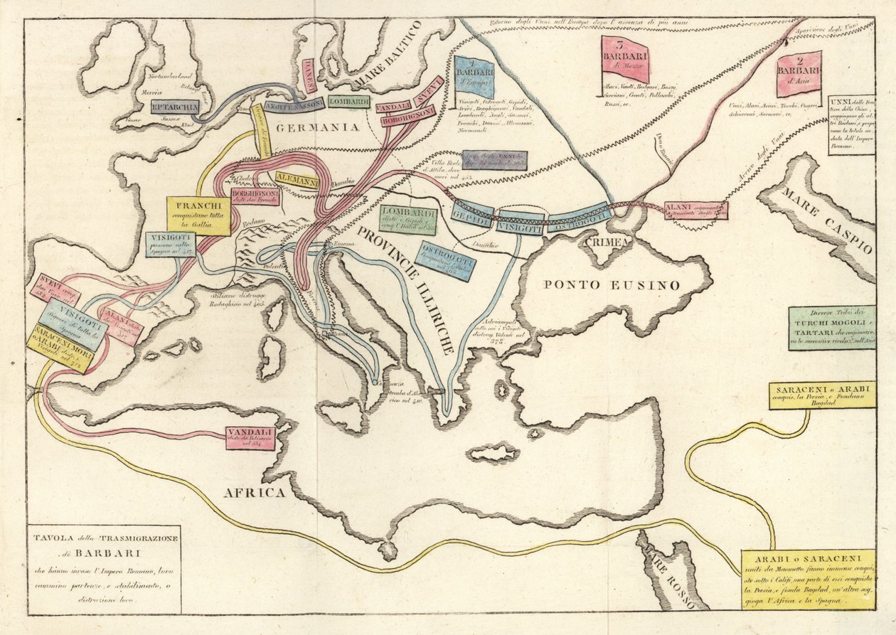 Transmigraties van de barbaarse stammen die het Romeinse Rijk binnenvielen door Unknown artist