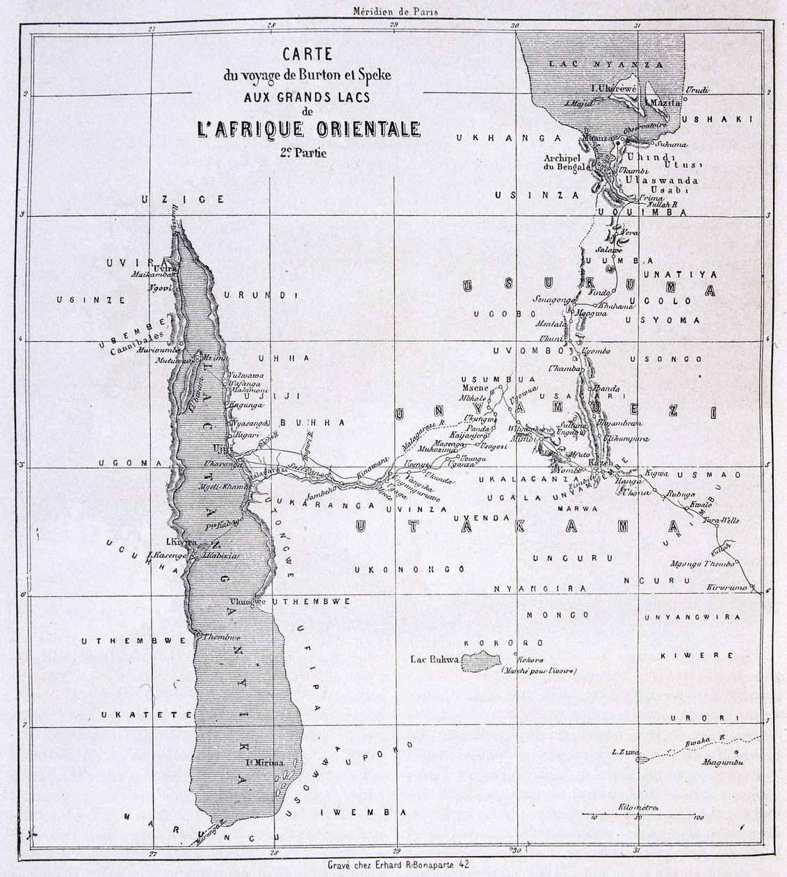 Reiskaart van Richard Francis Burton, Britse ontdekkingsreiziger (1821-1890) en Speke naar de Grote Meren van Oost-Afrika 1857-59 - in Tour du Monde door Unknown artist