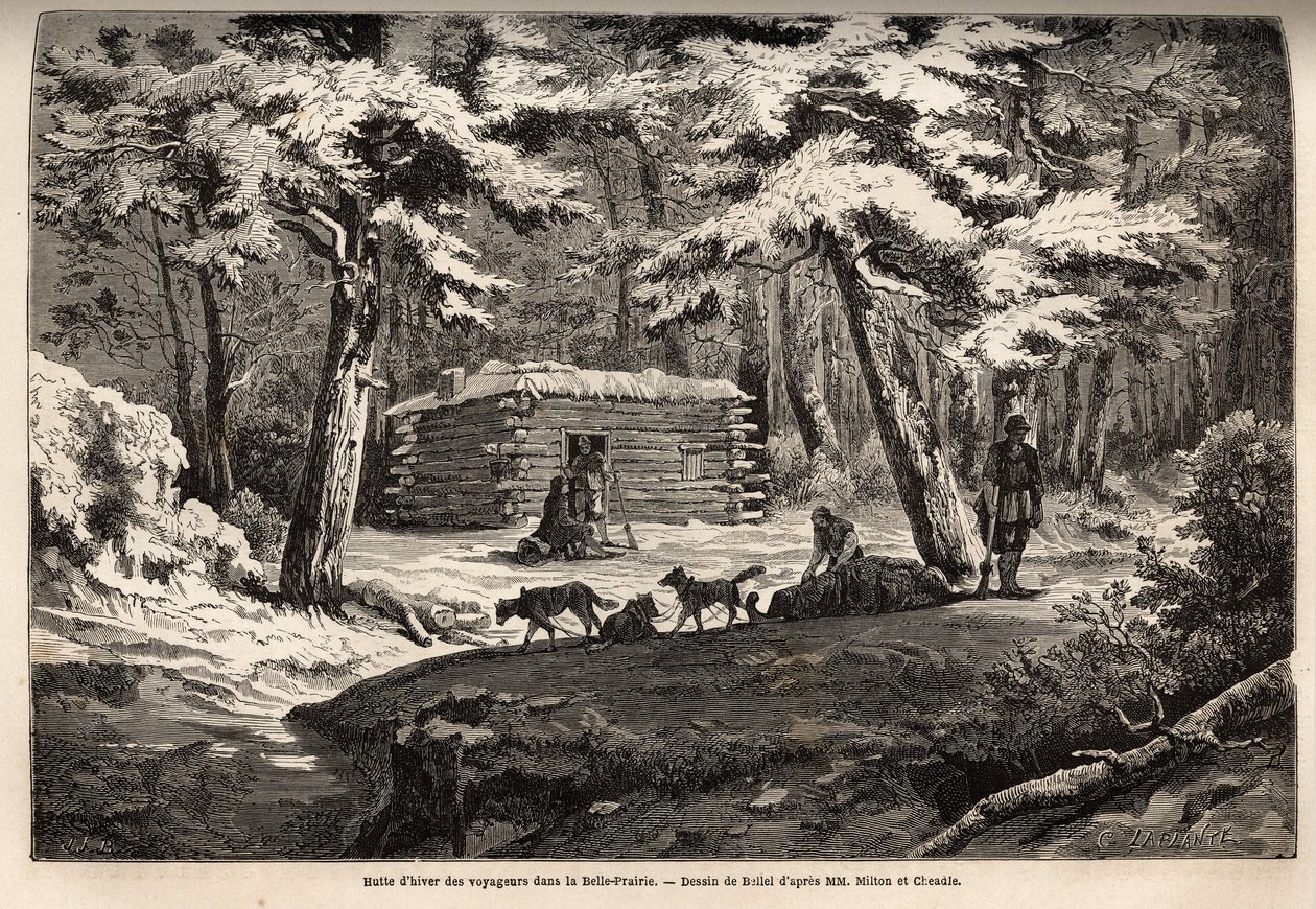 Winterhut van reizigers in de mooie weide (Canada), toevluchtsoord voor trappers en hun sleeën. Gravure ter illustratie van de reis van de Atlantische Oceaan naar de Stille Oceaan (route du nord ouest par les terres), in 1862-1864 door Burggraaf Milton en  door Unknown artist