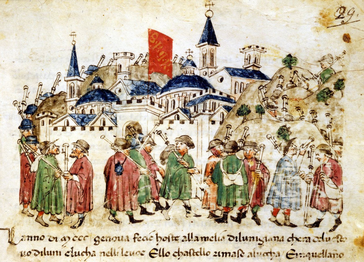 Reizende pelgrims arriveren in Rome. 14e eeuw. Kronieken Sercambi. Lucca, Nationaal Archief door Unknown artist