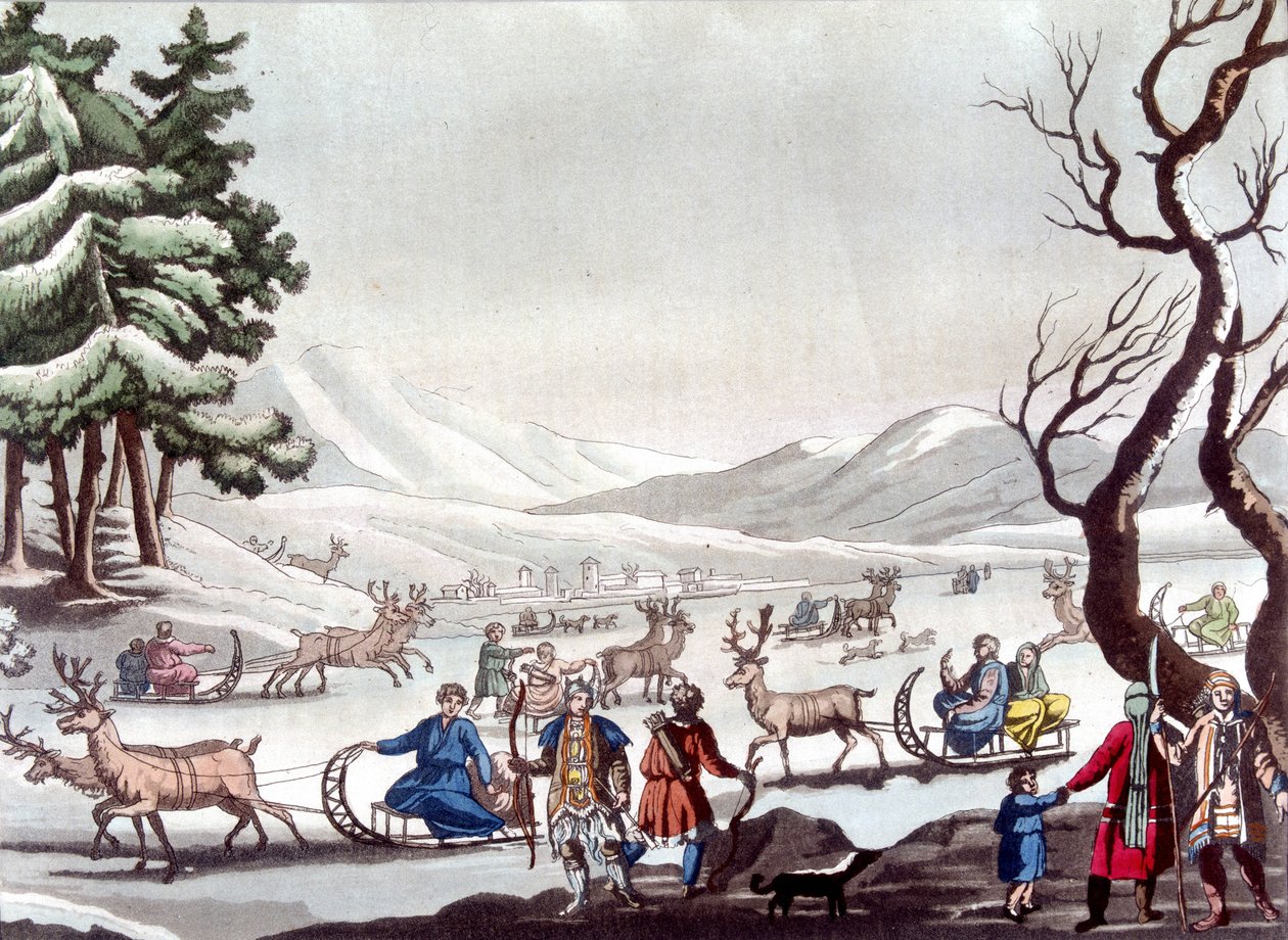 Tungusen, Siberië. Tekening door Cartelli. Bibliotheek van decoratieve kunsten van Parijs. "Het oude en moderne kostuum" door Unknown artist