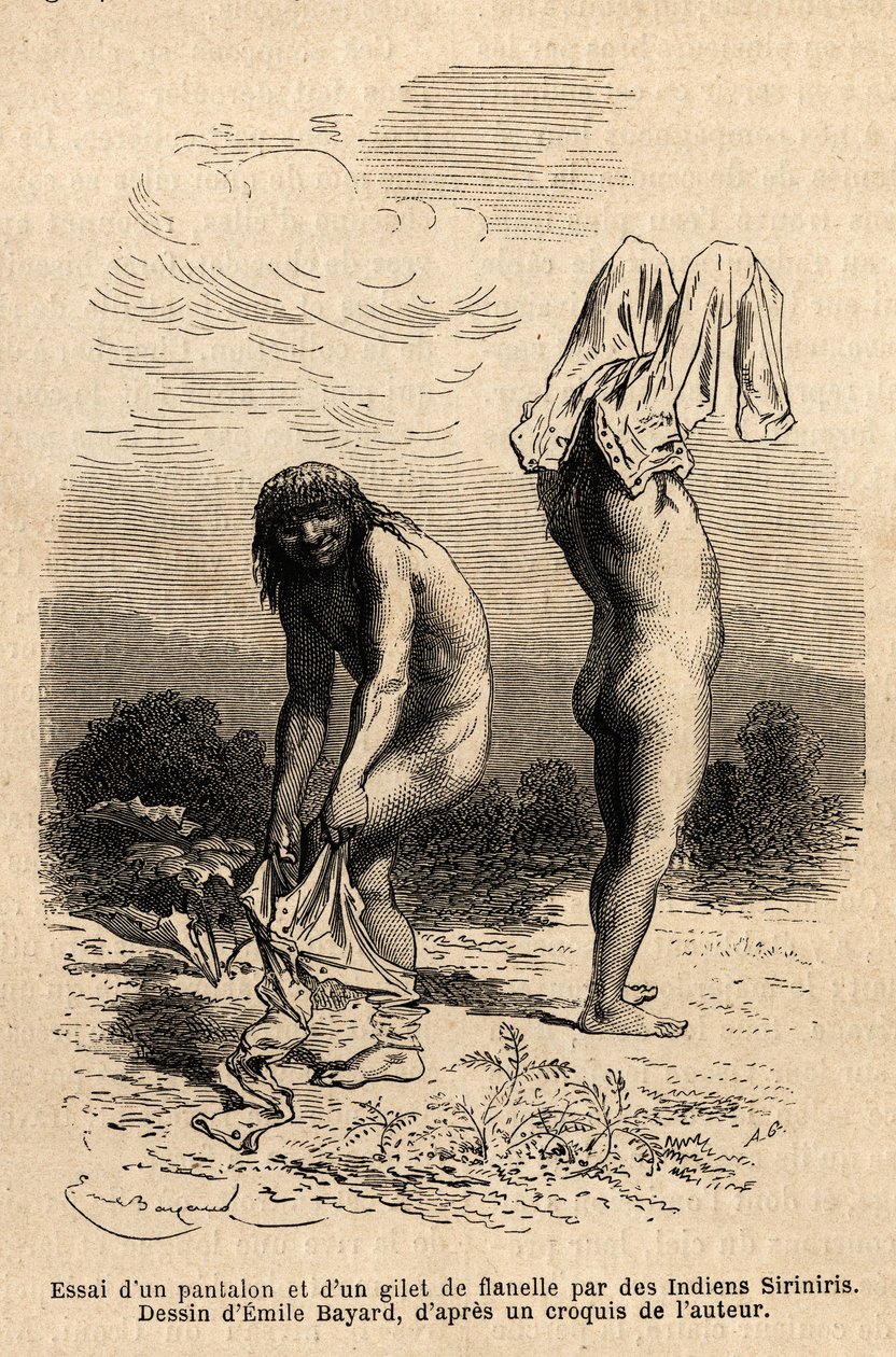 Twee Siriniris-indianen proberen een broek en vest aan te trekken, die een lid van de expeditie te drogen had gelegd aan de oever van de meren aan de voet van de berg Basiri (Peru). Gravure ter illustratie van de reis in de valleien van Quinquinas (Peru),  door Unknown artist