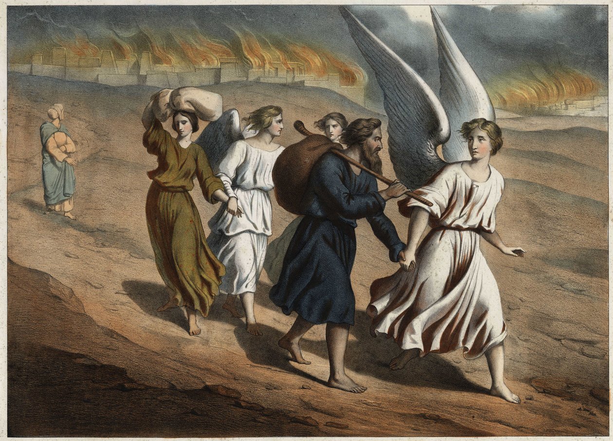 Twee engelen begeleiden Lot en zijn dochters die de stad Sodom moeten verlaten, die net als Gomorra door God wordt vernietigd. Lots vrouw die terugkeert naar de stad ondanks het verbod, zal als een zoutpilaar worden versteend. Anonieme gravure uit het midd door Unknown artist