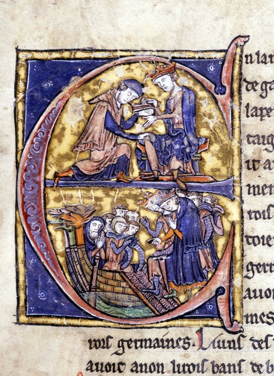 Twee koningen van Bretagne: Bans de Berroye (vader van Lancelot) en Boorz de Gaune. Manuscript: Verovering van de Heilige Graal, geschreven 717 jaar na de passie van onze heer. Bibliotheque municipale de Rennes, ms. 255 (Collectie van romans van de Ronde T door Unknown artist