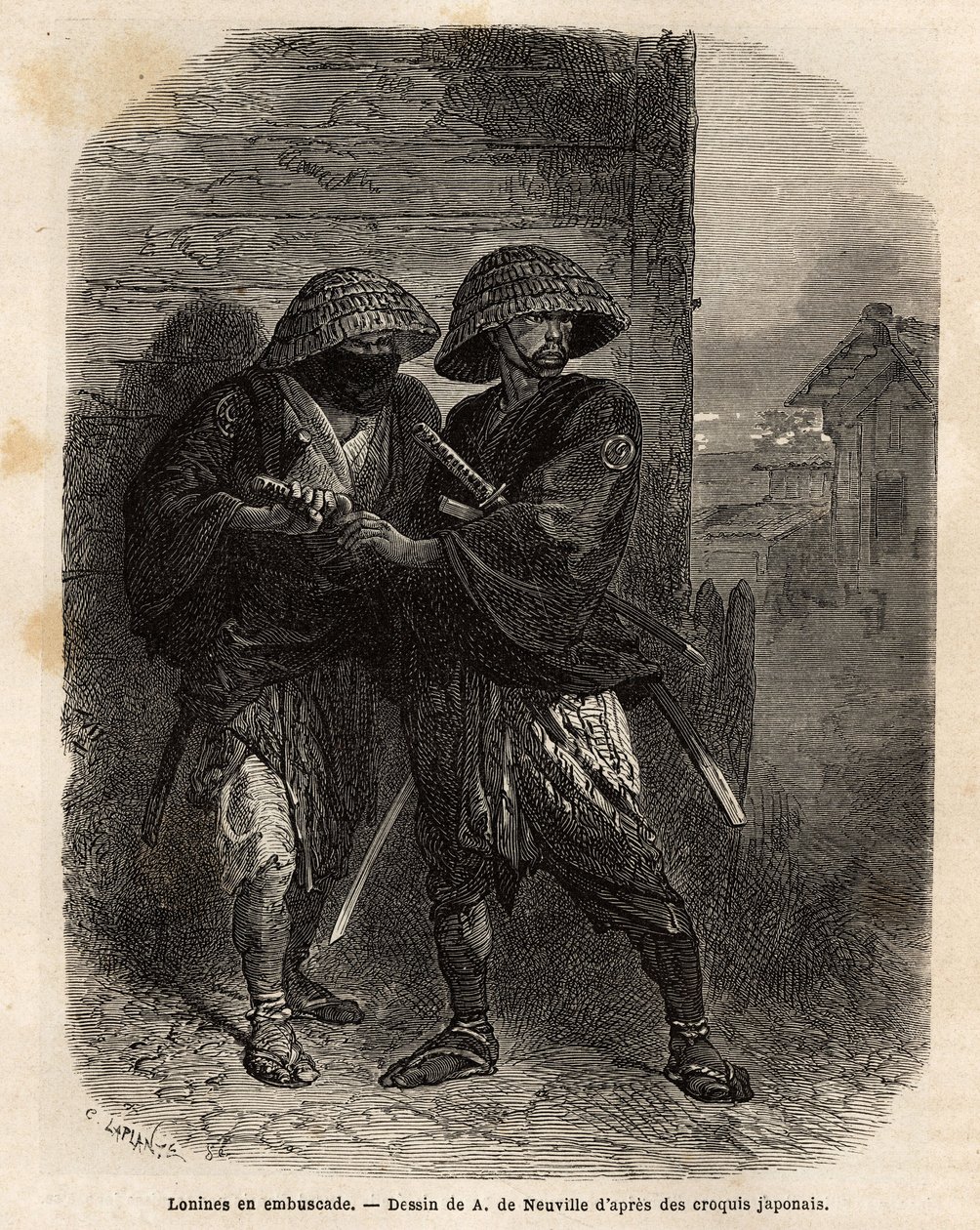 Twee ronins (samurai die zijn meester heeft verloren) in een hinderlaag. Gravure ter illustratie van de reis naar Japan, in 1863-1864, door Aimé Humbert, minister van de Zwitserse Confederatie, in 