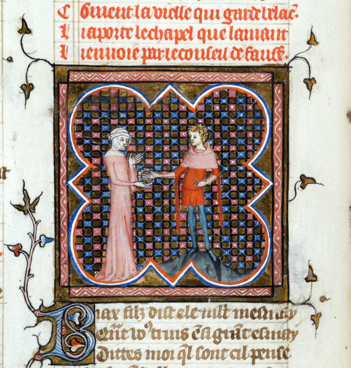 Een jonge man en een oude vrouw - Verlichte pagina uit het manuscript 
