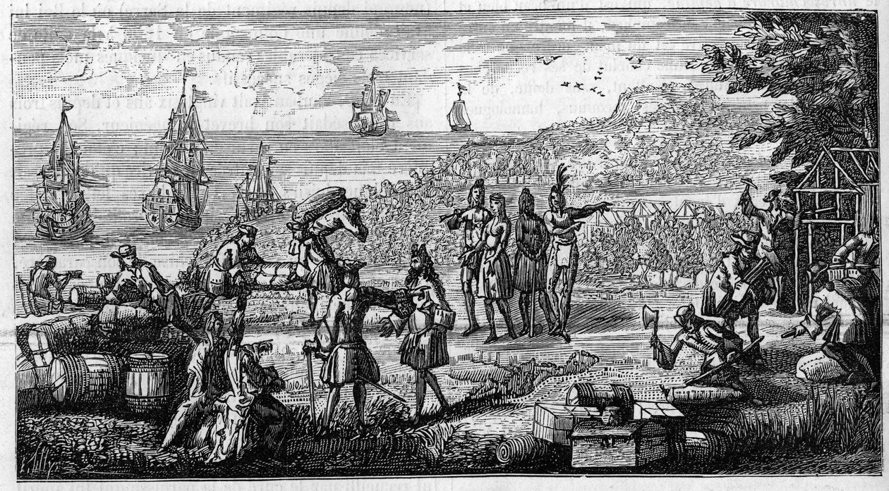 Lossen van voorraden in de Franse koloniën van Amerika. Pentekening plaatst een hoofd van een memoire van Vauban over 