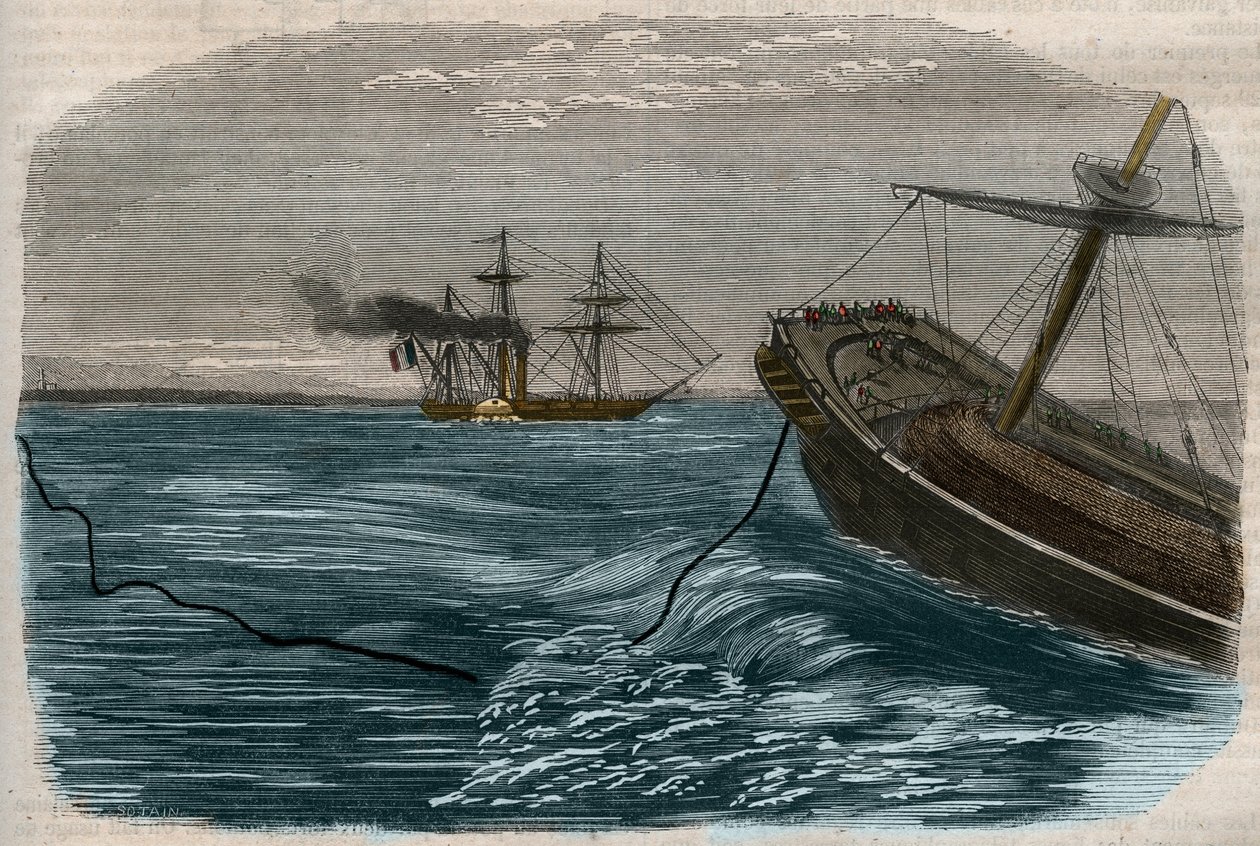 Onderwater telegraaflijnen: Het leggen van een onderzeese kabel door Unknown artist