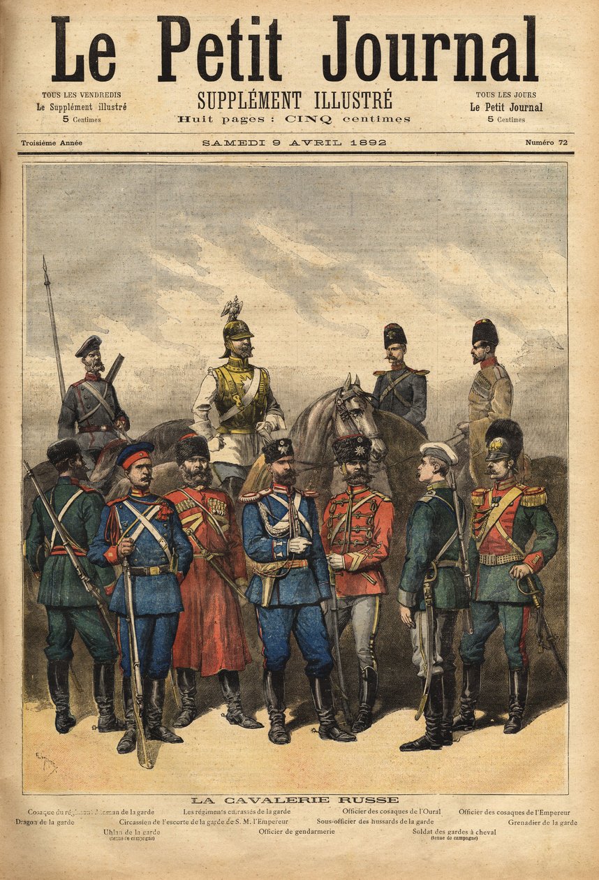 Uniformen van de Russische cavalerie, bondgenoot van Frankrijk, te paard van links naar rechts: Kozak van het Garderegiment, het slagschipregiment van de Garde, officier van de Oeral-Kozakken, en officier van de Kozakken van de keizer. Op de voorgrond, sta door Unknown artist
