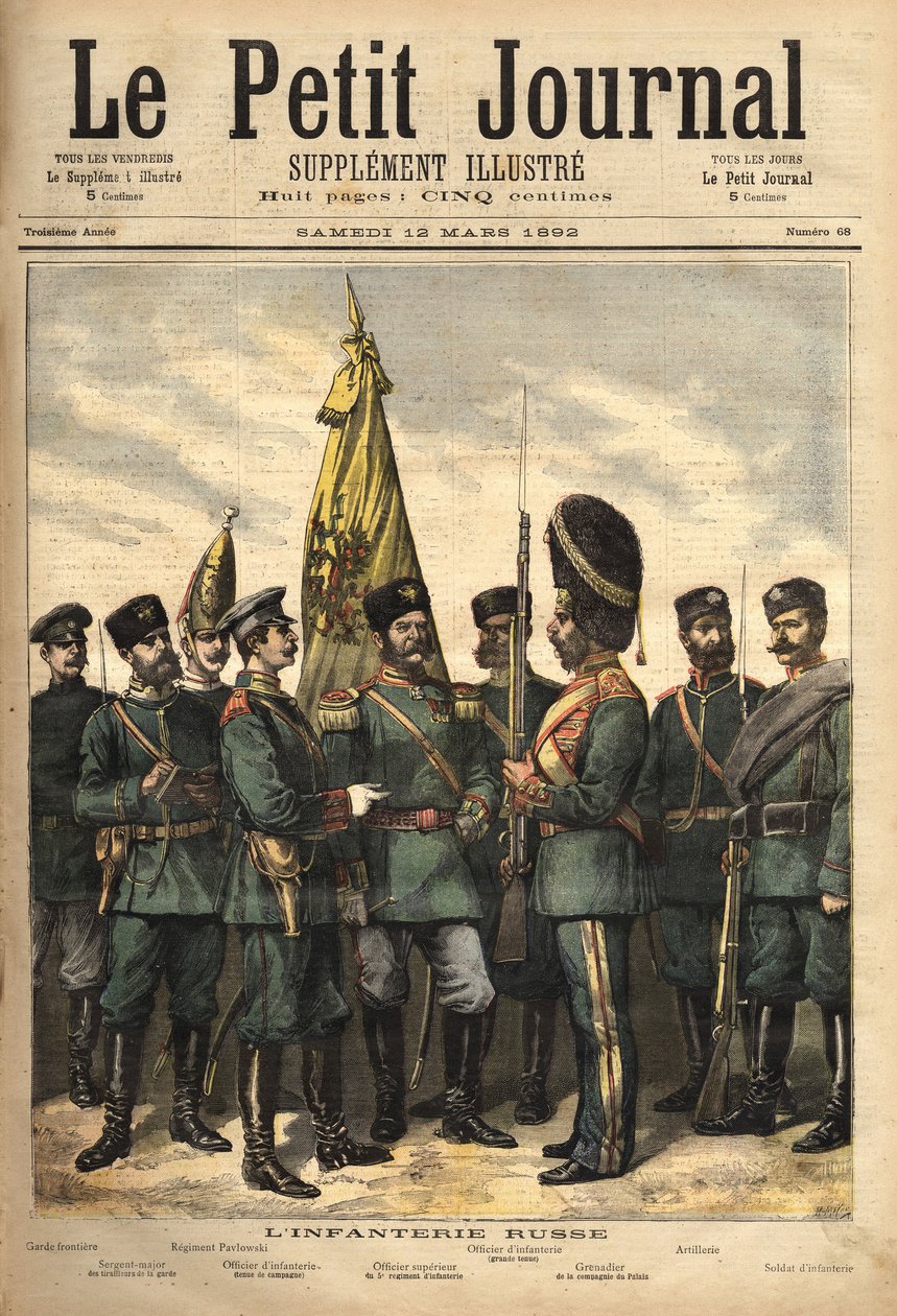 Uniformen van de Russische infanterie, bondgenoten van Frankrijk. Gravure in 