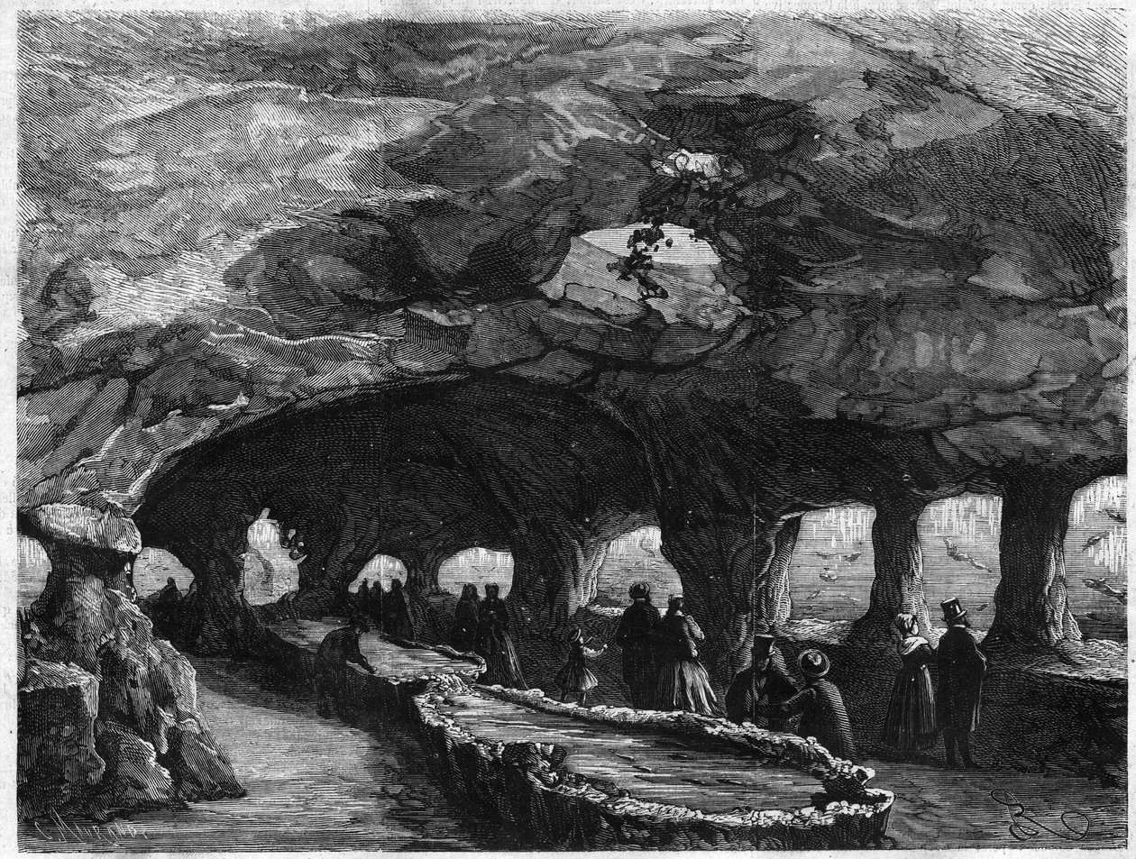 Universele Tentoonstelling: interieur van het grote zeeaquarium. Gravure in 