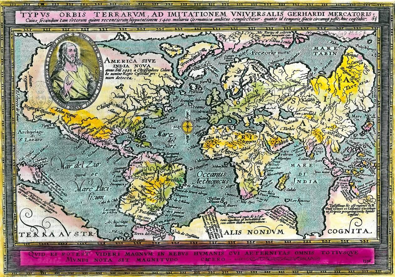 Universele geografische kaart (wereldkaart) van 1596. Gravure. Privécollectie. door Unknown artist