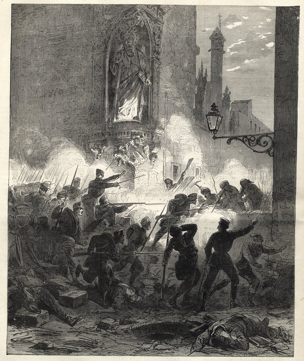 Opstand door de Republikeinen in Catalonië: gevechten in Barcelona in de nacht van 25 op 26 september 1869 - Sexenio Democrático (zes democratische jaren) - Spanje onder het bewind van generaal Francisco Serrano 1869/1870 - Republikeinse opstand in Catalon door Unknown artist