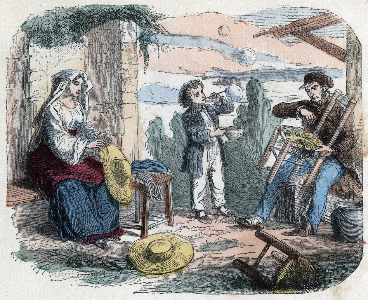 Gebruik van stro in de 19e eeuw: een man vult een stoel met stro, een vrouw vlecht hoeden (mandenmakerij), een kind maakt zeepbellen met een strohalm. Gravure eind 19e eeuw. door Unknown artist