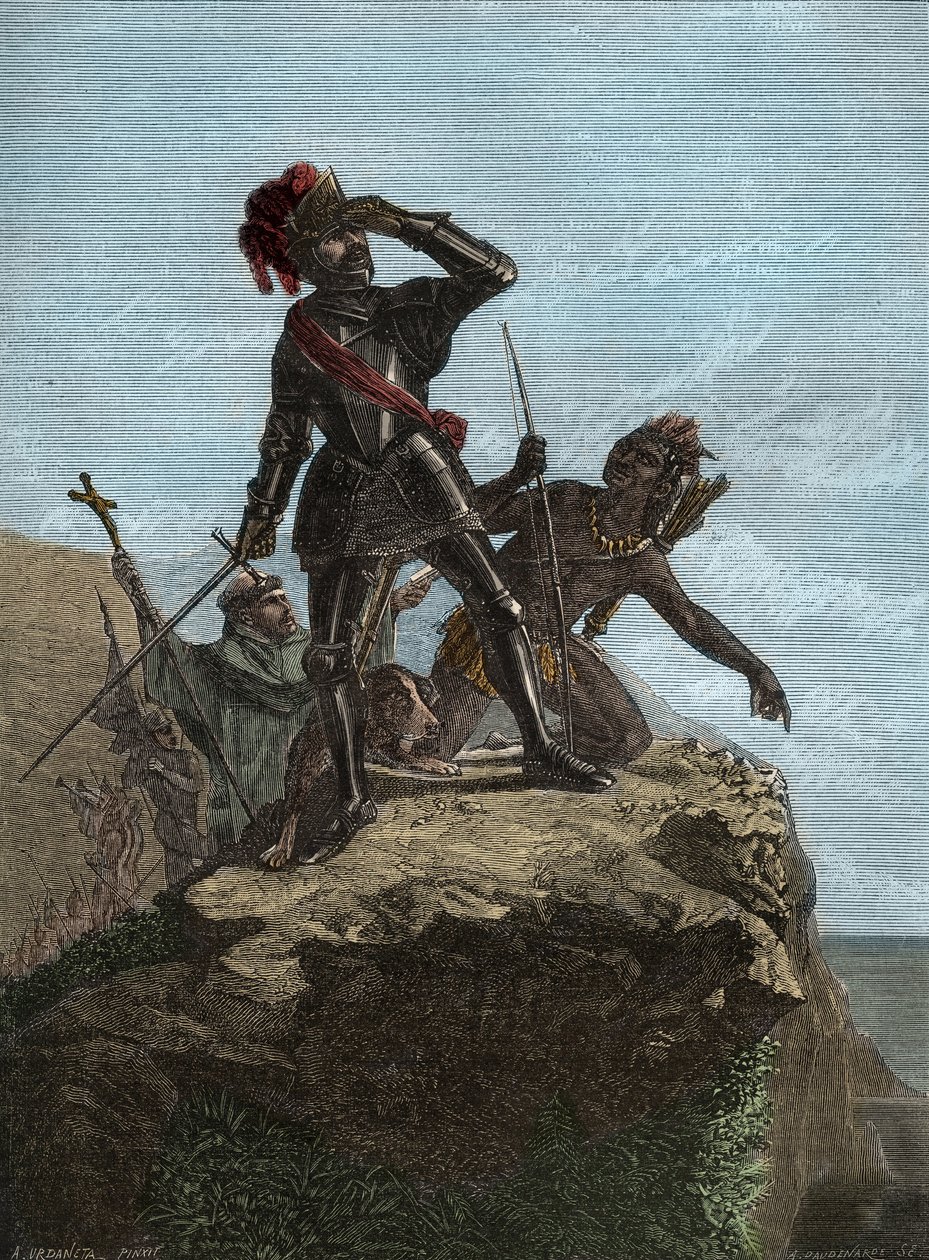 VASCO NUNEZ de BALBOA - Spaanse ontdekkingsreiziger - Balboa ontdekt de Stille Oceaan in 1513 - gravure naar het schilderij van Mr Urdaneta door Unknown artist