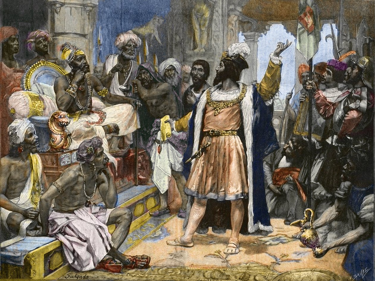 Vasco da Gama levert de brief van koning Manuel van Portugal aan de Samorim van Calicut - naar schilderij, c. door Unknown artist