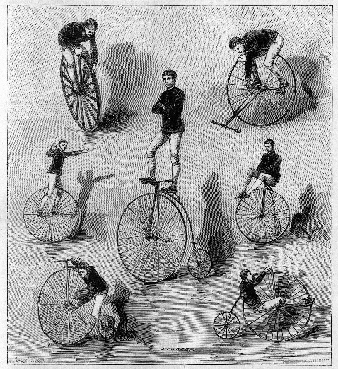 Velocipedoefeningen door de Amerikaan Dan Canary. Gravure in 