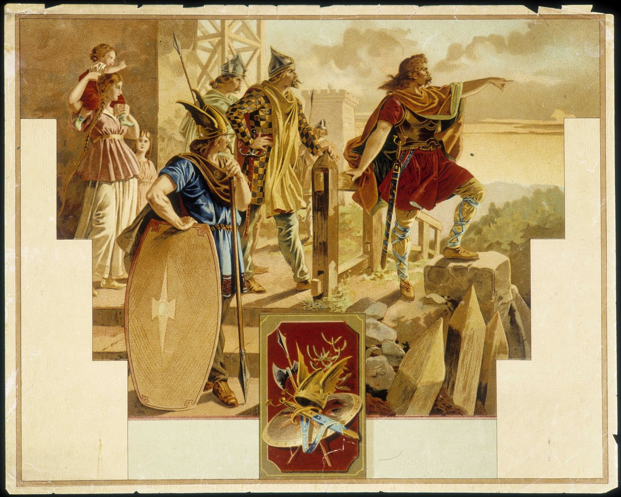 Vercingetorix omringd door Galliërs, krijgers, vrouwen en kinderen - Chromolithografie door Unknown artist