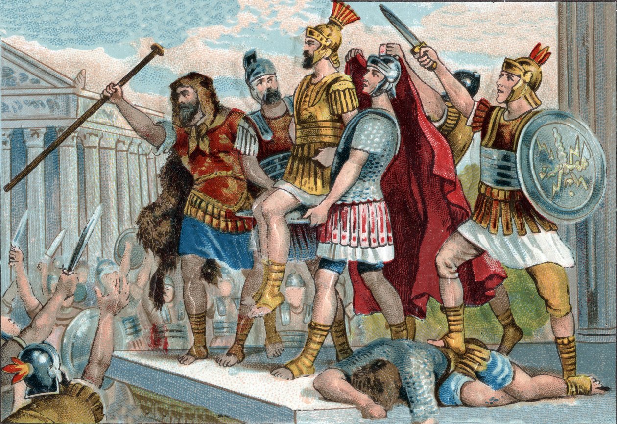 Vespasianus (in het Latijn Titus Flavius Vespasianus) (9-79) werd door zijn soldaten tot keizer uitgeroepen. Chromolithografie rond 1890. door Unknown artist