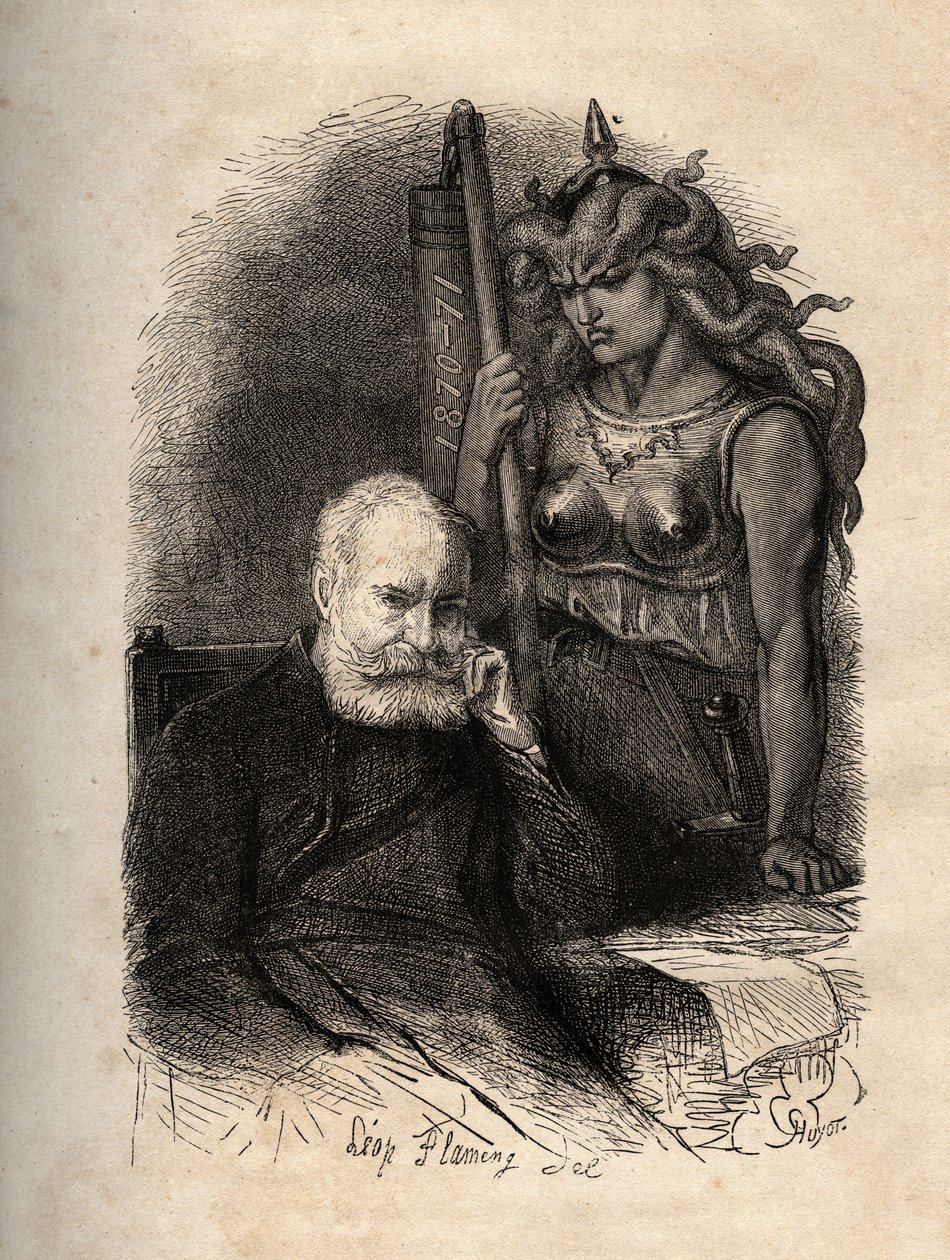 Victor Hugo zittend met een oorlogsgodin - gravure uit 