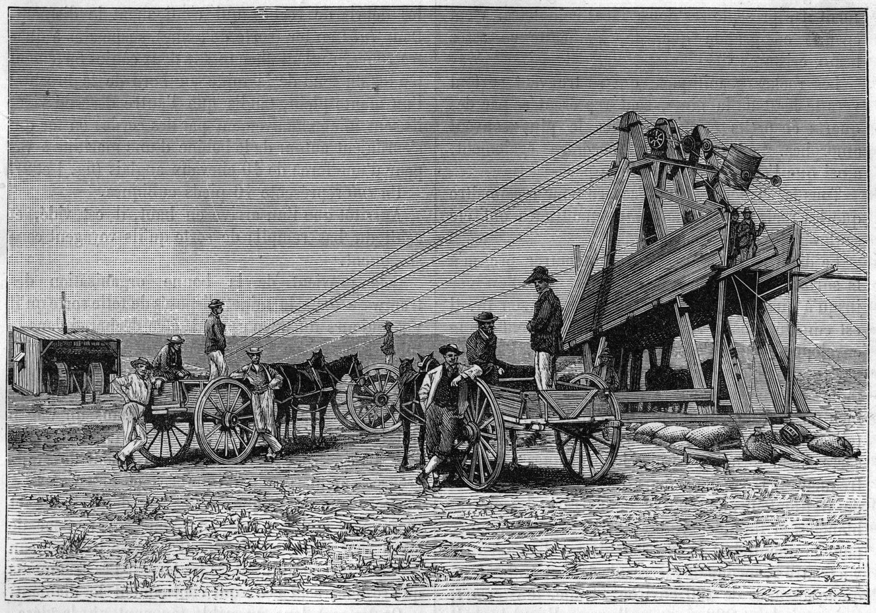 Uitzicht vanaf het oppervlak van de Kimberley Diamond Mine in Zuid-Afrika. Gravure uit 1883. door Unknown artist