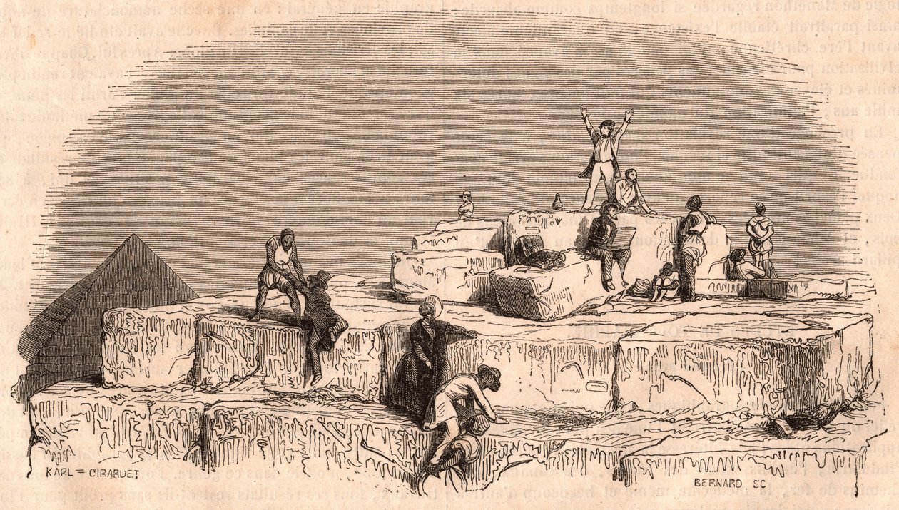 Uitzicht vanaf de top van de Grote Piramide van Khufu: een groep Europeanen arriveert op de top geholpen door Egyptenaren door Unknown