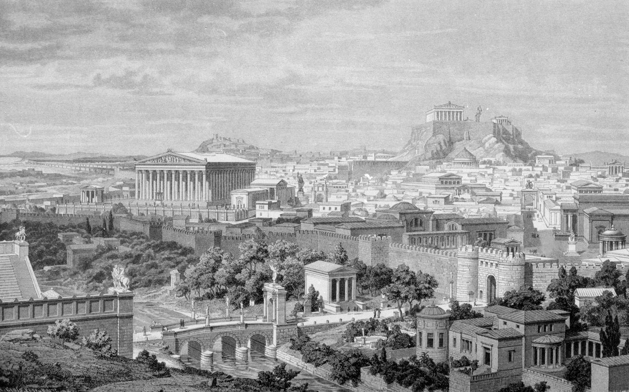 Uitzicht op Athene, de Tempel van Hadrianus en de Akropolis door Unknown artist