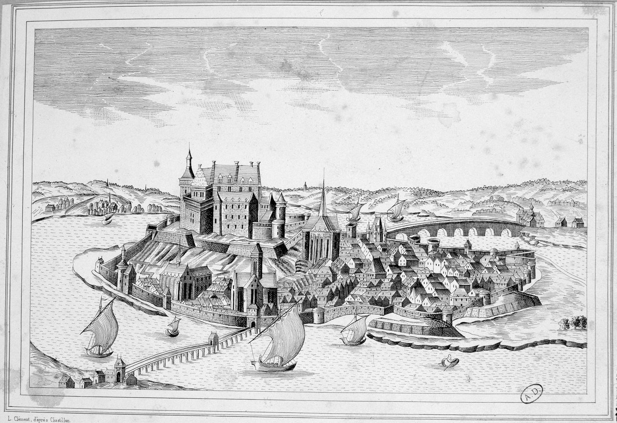 Zicht op Decize in 1640 - gravure door Unknown artist