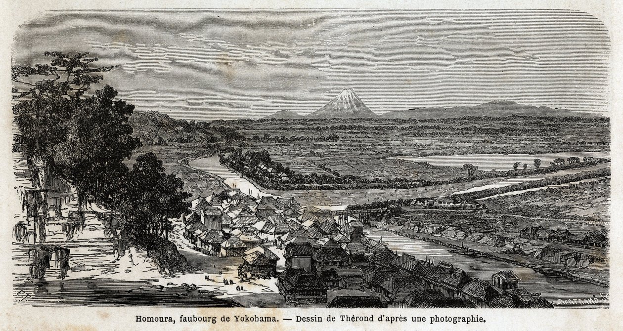 Uitzicht op Homoura, buitenwijk van Yokohama, met de berg Fuji op de achtergrond. Gravure ter illustratie van de reis naar Japan in 1863-1864, door Aime Humbert, minister van de Zwitserse Confederatie, in 