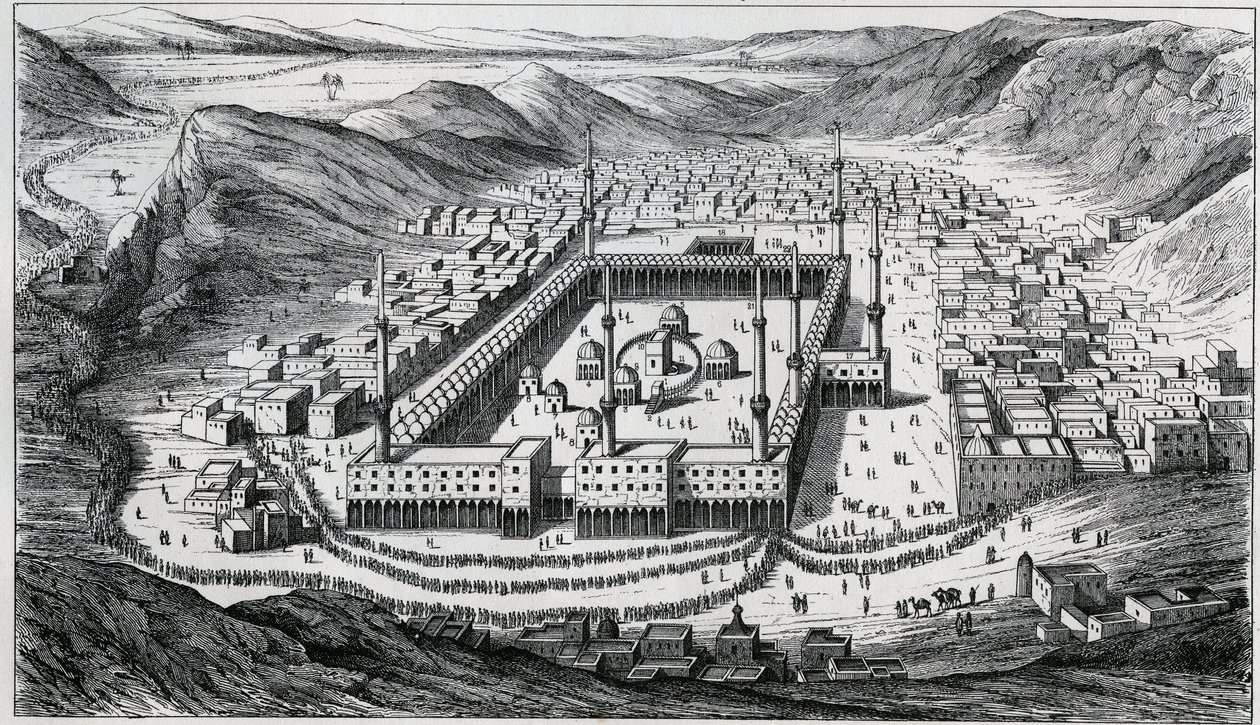 Uitzicht op Mekka en zijn grote moskee ten tijde van het bezoek van de pelgrims. Gravure 19e eeuw. door Unknown artist