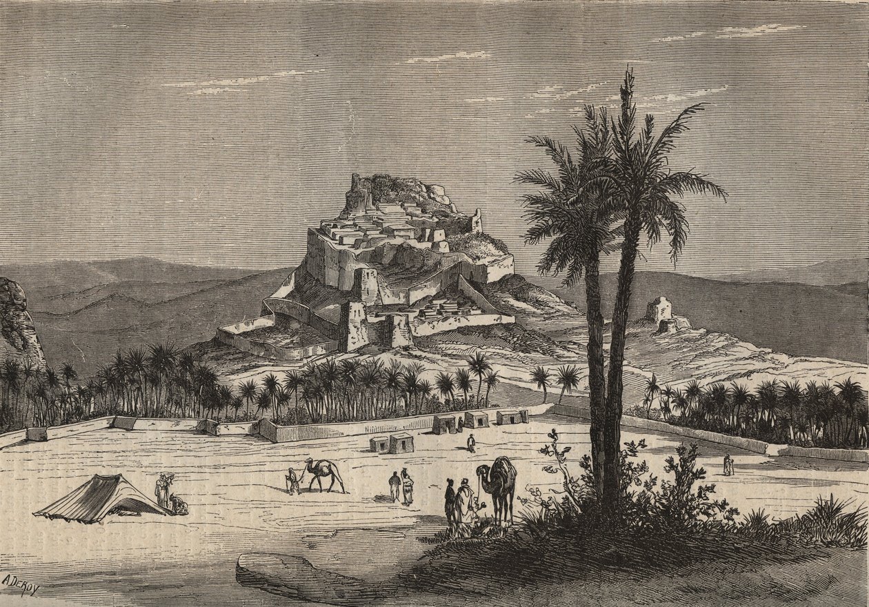Uitzicht op Oued el Golea in Algerije in het zuiden van de provincie Oran aan het eind van de 19e eeuw - gravure door Unknown artist