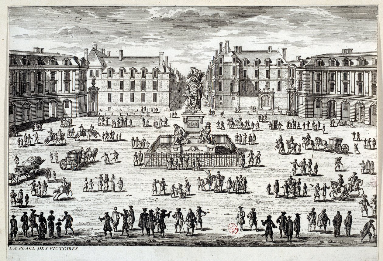 Uitzicht op Place des Victoires in Parijs met het standbeeld van Lodewijk XIV opgericht door de maarschalk de la Feuillade in 1686. Gravure van de 17e eeuw Parijs, Musee Carnavalet door Unknown artist