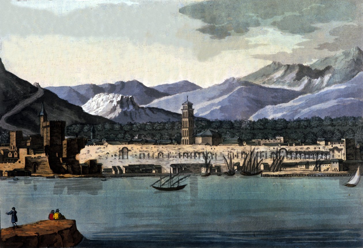 Uitzicht op Split, Kroatië, vanaf de zee. Aquarel uit het begin van de 19e eeuw door Unknown artist