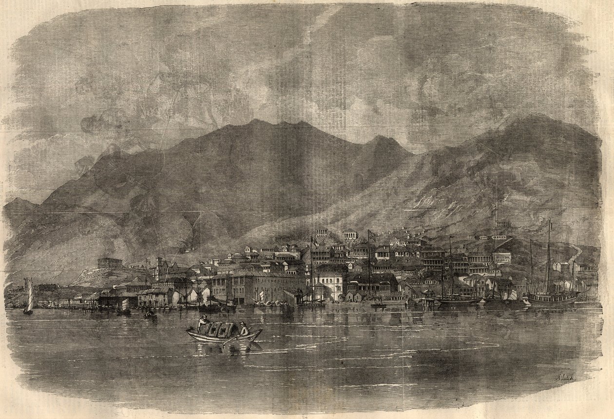 Zicht op Victoria City in Hong Kong. Gravure in 